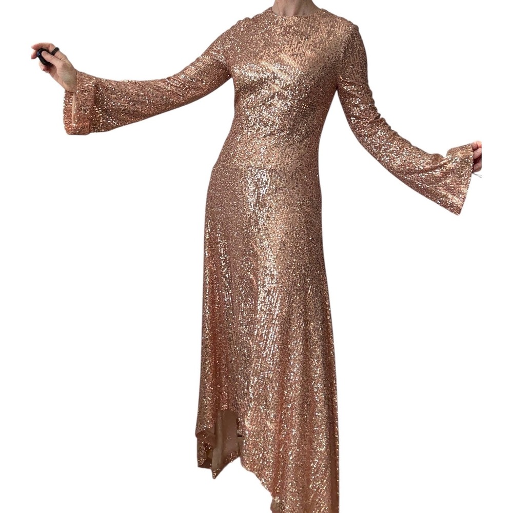 Galvan London long sleeve sequin gold gown dress‎